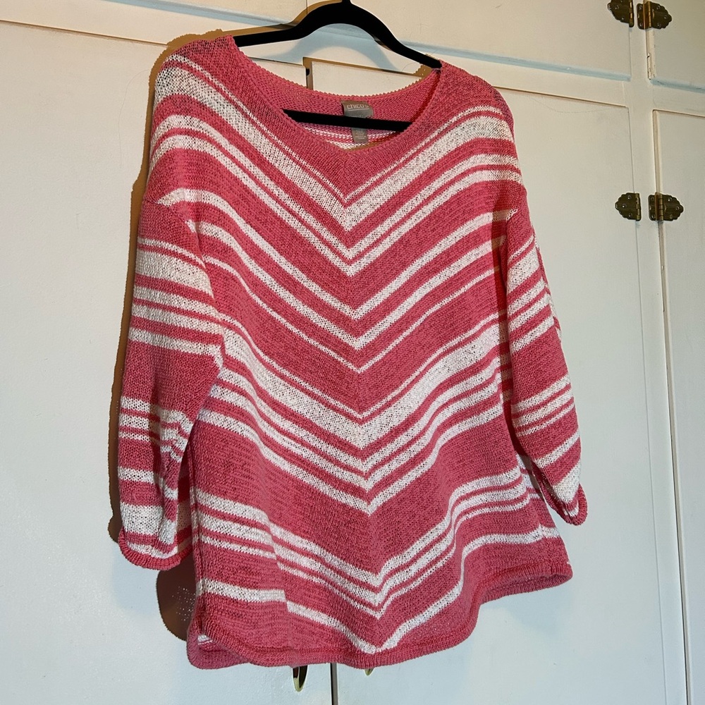 Chico's Pink and White Chevron Sweater